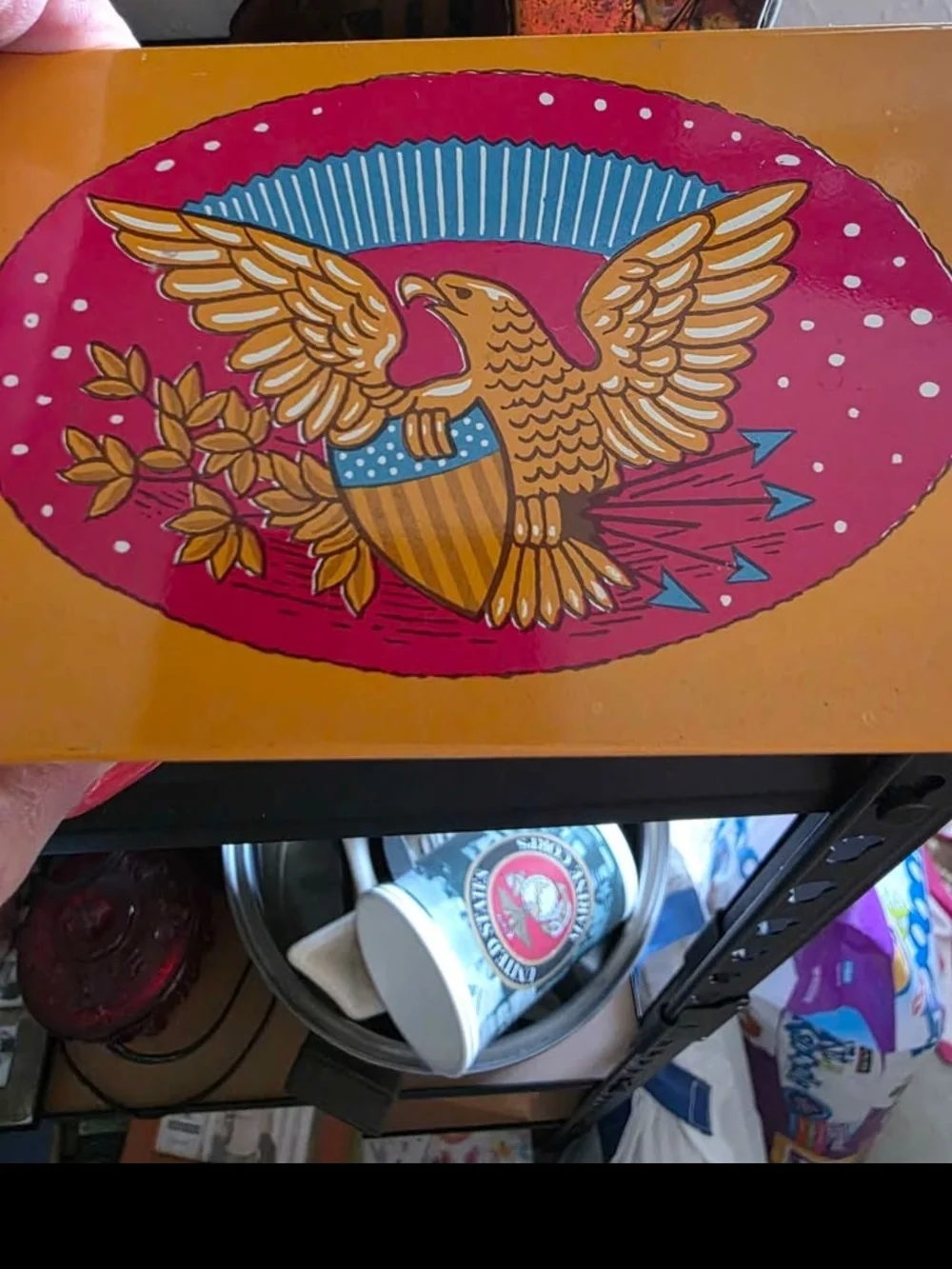 Patriotic Metal Recipe Box - Yellow with Red & Blue Accents Vintage 1976